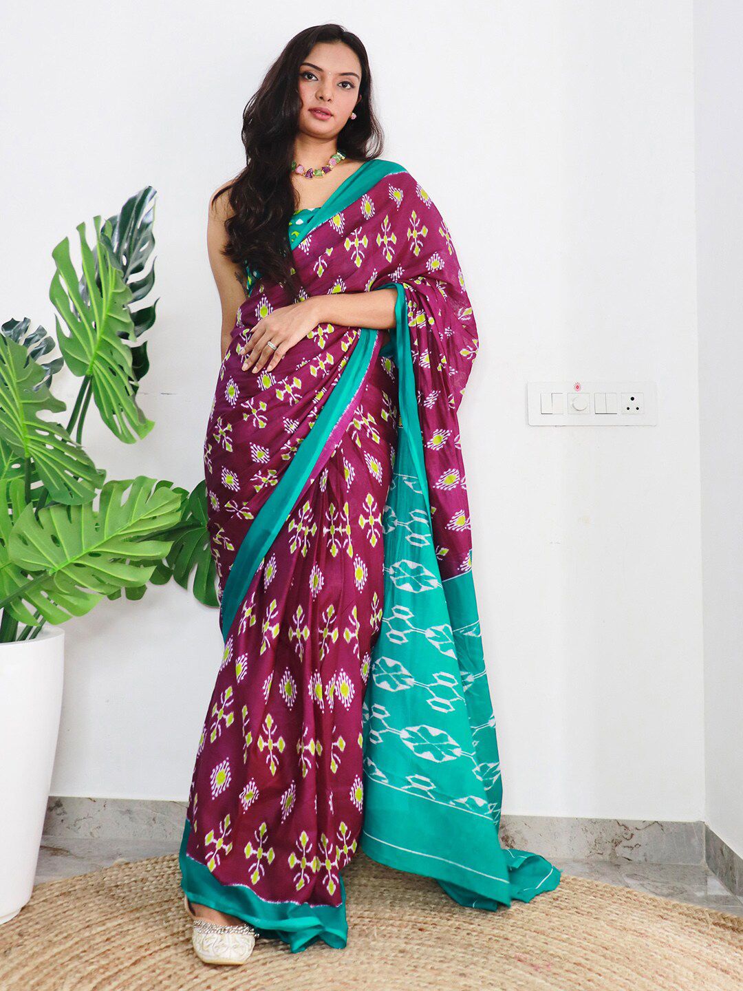 Saree mall Ethnic Motifs Poly Cotton Ikat Ready to Wear Saree