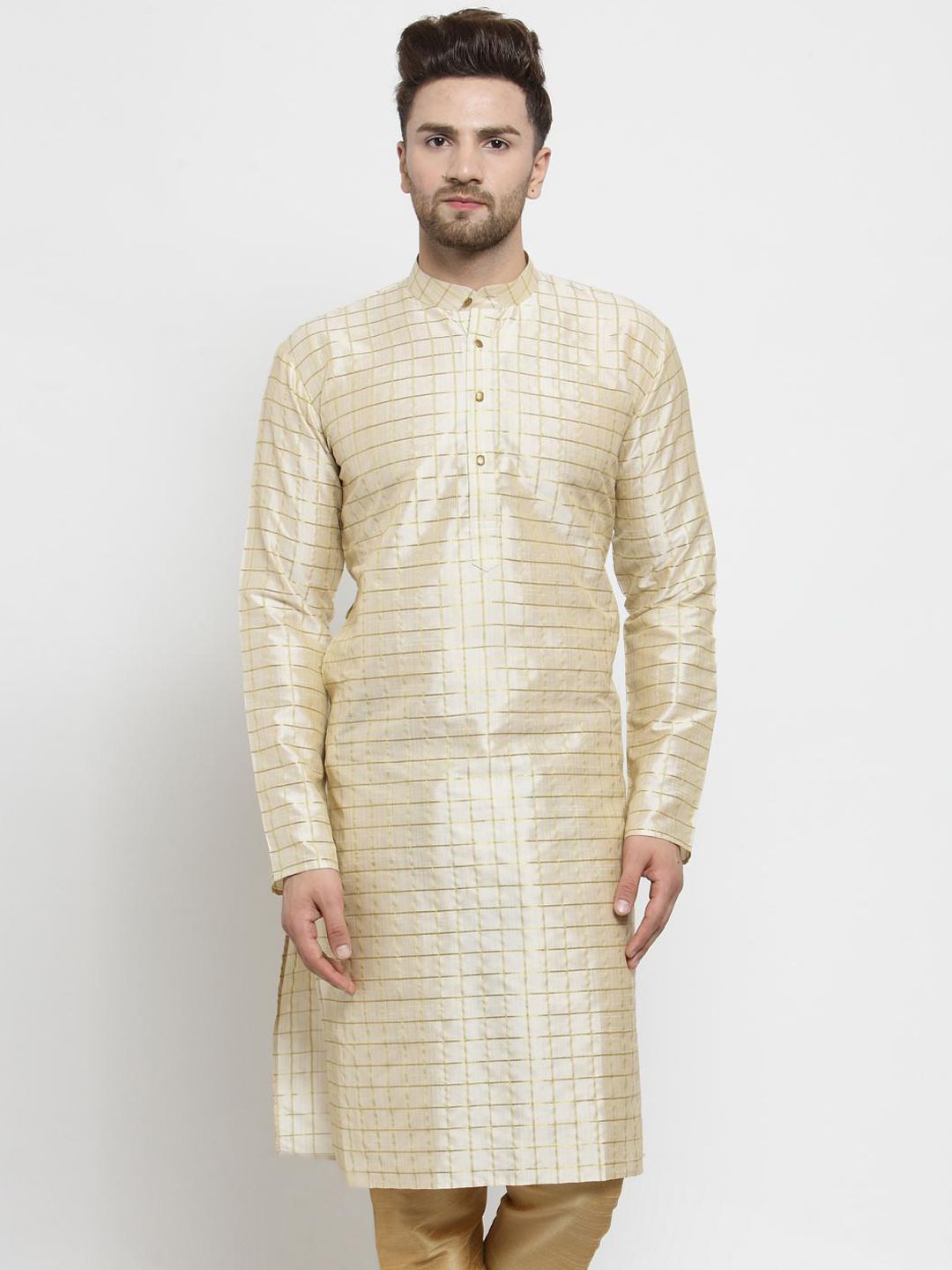 SOJANYA Men Beige & Golden Checked Straight Kurta