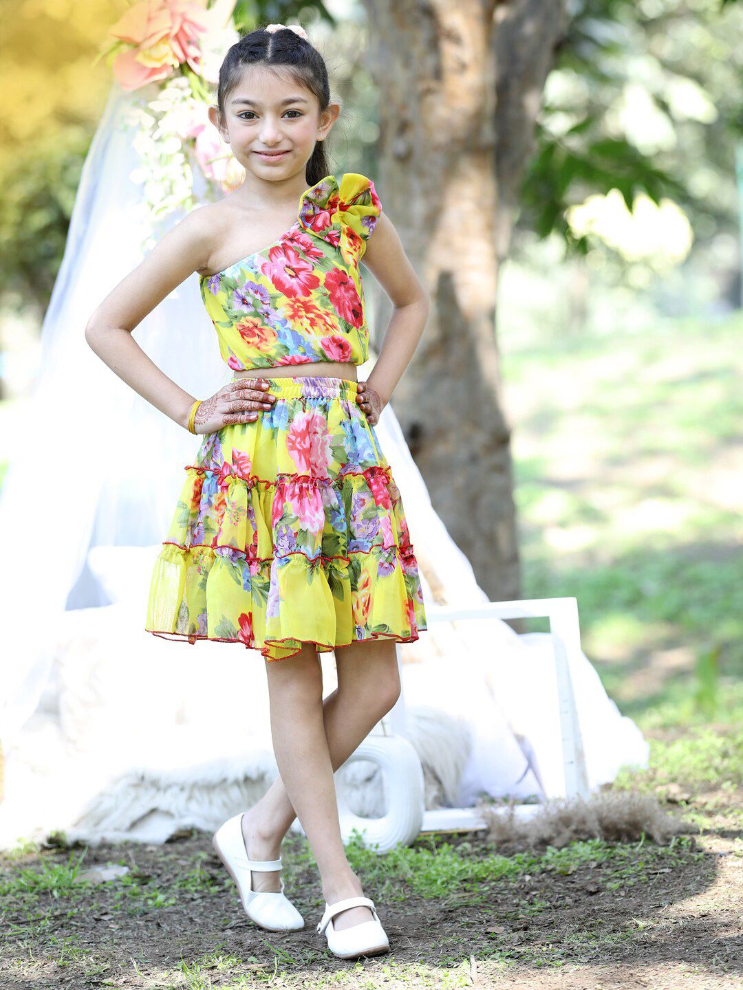 Cutiekins Girls Floral Printed One Shoulder Georgette Crop Top with Skirt