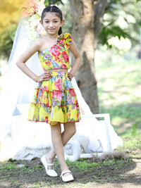 Cutiekins Girls Floral Printed One Shoulder Georgette Crop Top with Skirt