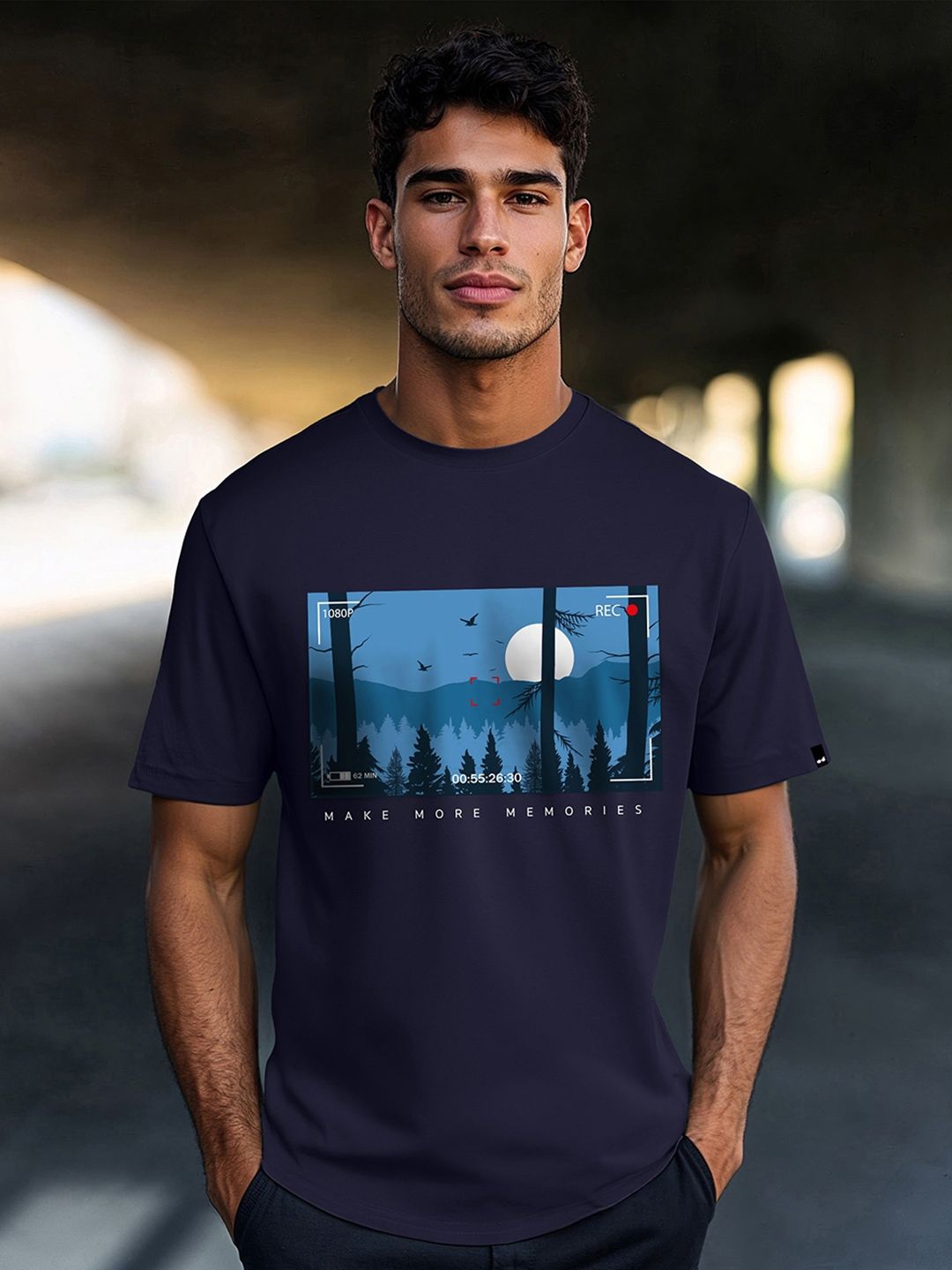 Bewakoof Men Navy Blue Printed Round Neck Pure Cotton T-shirt
