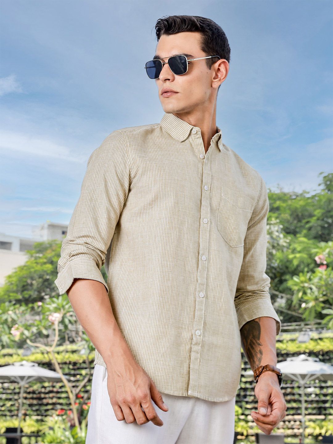 Thomas Scott Men Premium Fit Button-Down Collar Pinstripes Striped Linen Casual Shirt