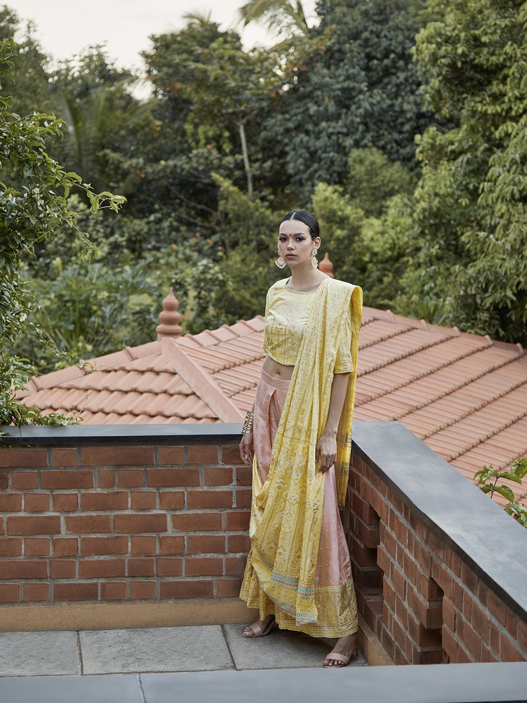 W Women Yellow & Pink Printed Top with Palazzos & Dupatta