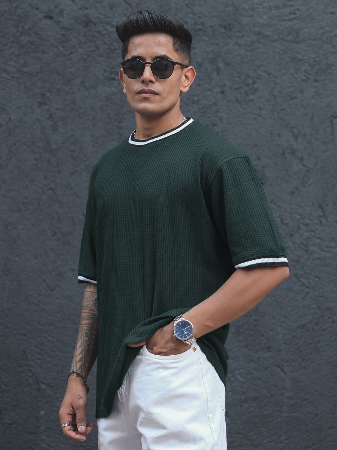 Powerlook Green Cotton Round Neck Oversized T-shirt