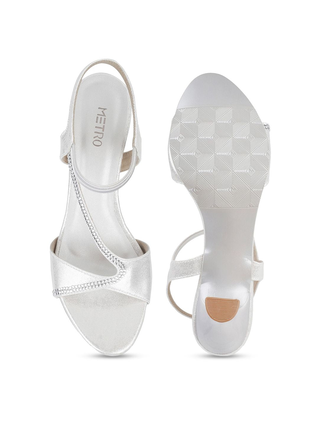 Metro Women Silver-Toned Kitten Heel Sandals