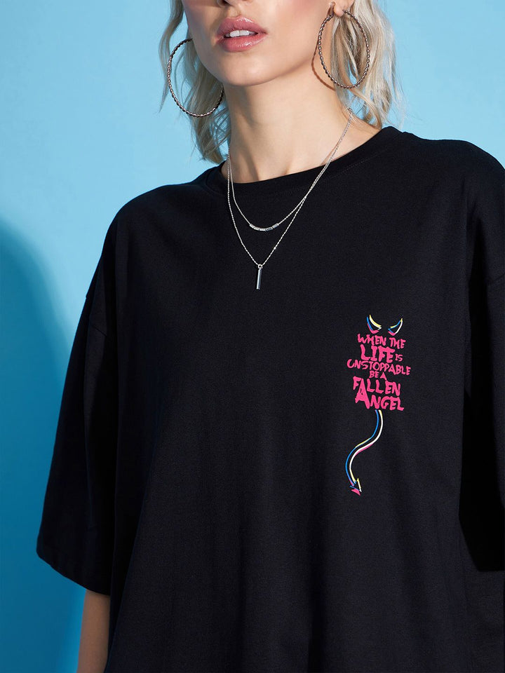 SASSAFRAS Black Typography Printed Boxy T-shirt
