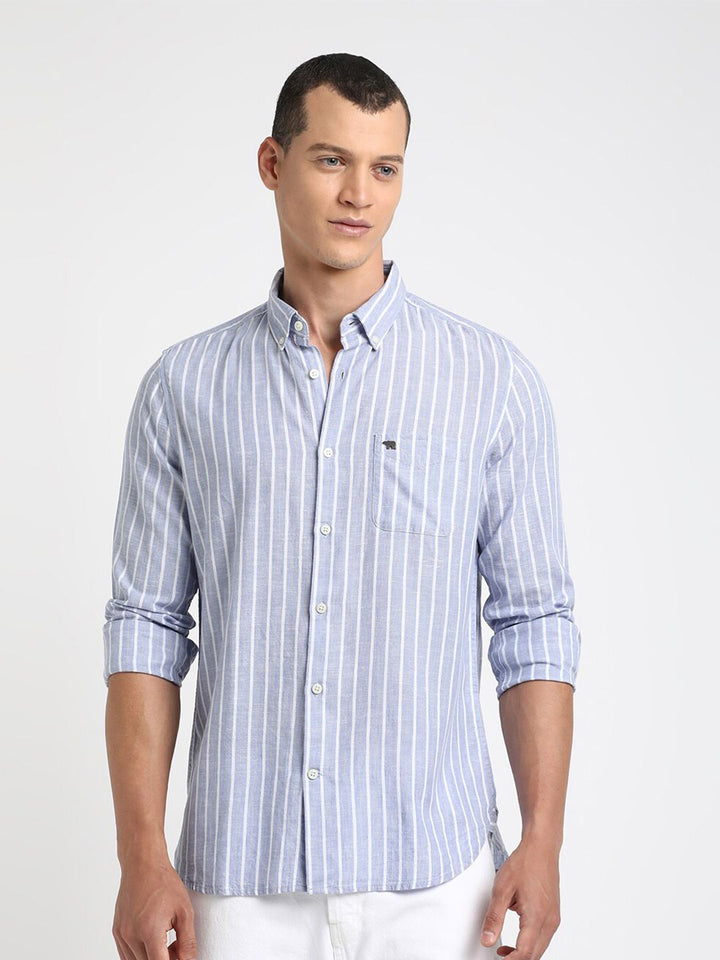 THE BEAR HOUSE Striped Button Down Collar Pure Cotton Casual Shirt