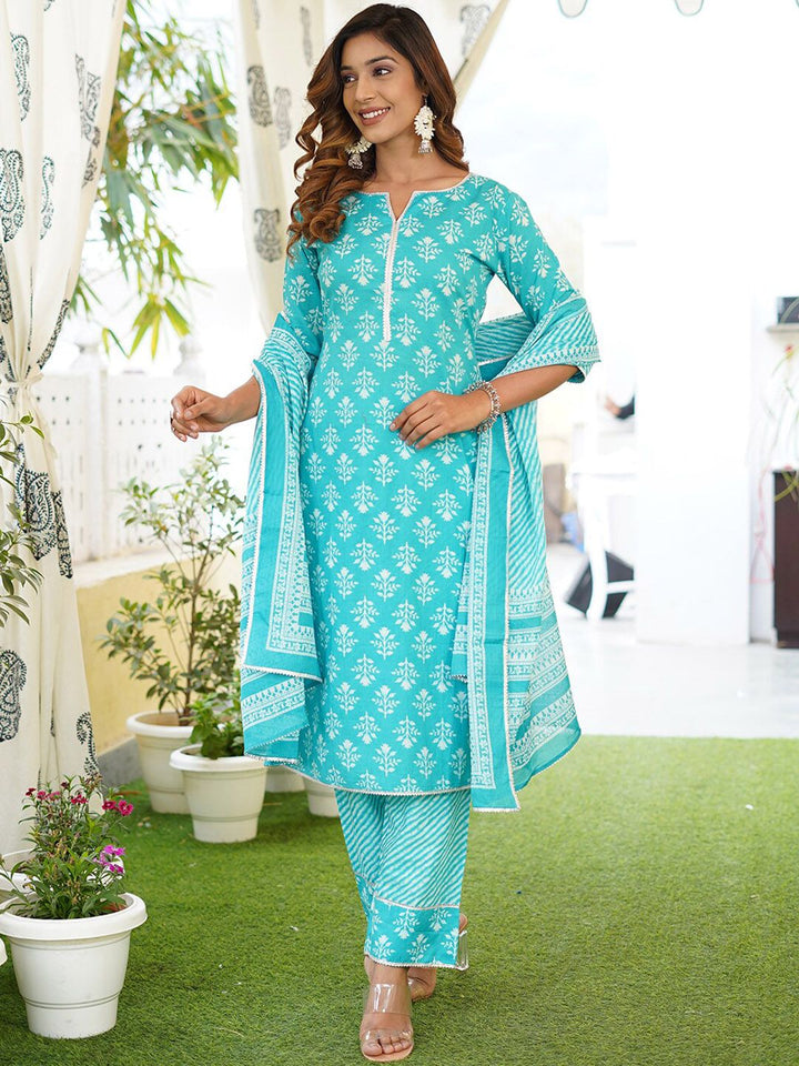Kalini Floral Printed Lace Detail Kurta Kapas Murni Dengan Seluar & Dupatta