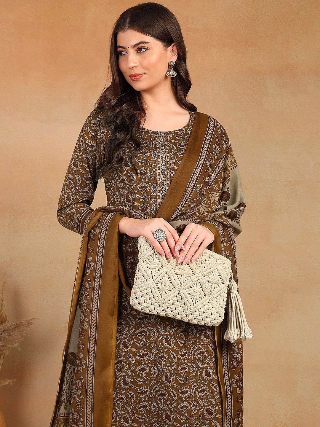 KALINI Floral Printed Thread Work Straight Kurta with Trousers & Dupatta