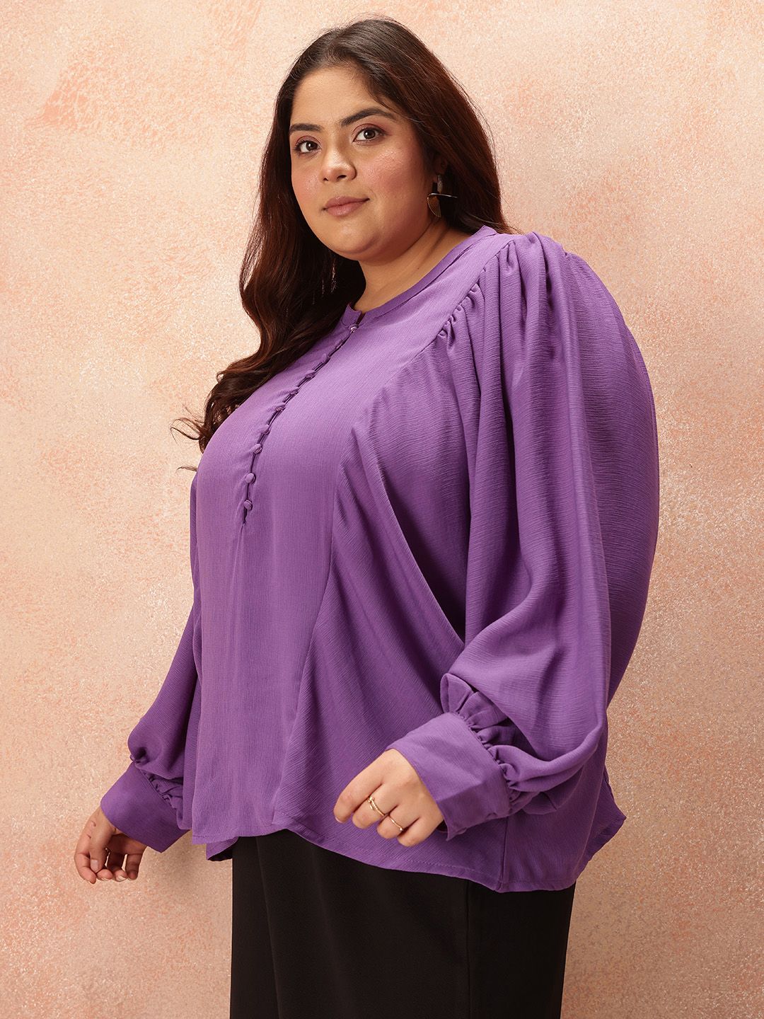 all about you Plus Size Puff Sleeves Shirt Style Longline Top