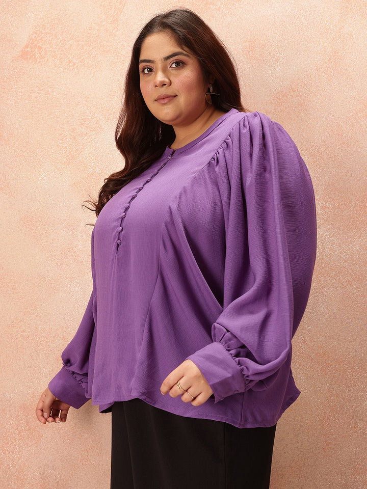 all about you Plus Size Puff Sleeves Shirt Style Longline Top