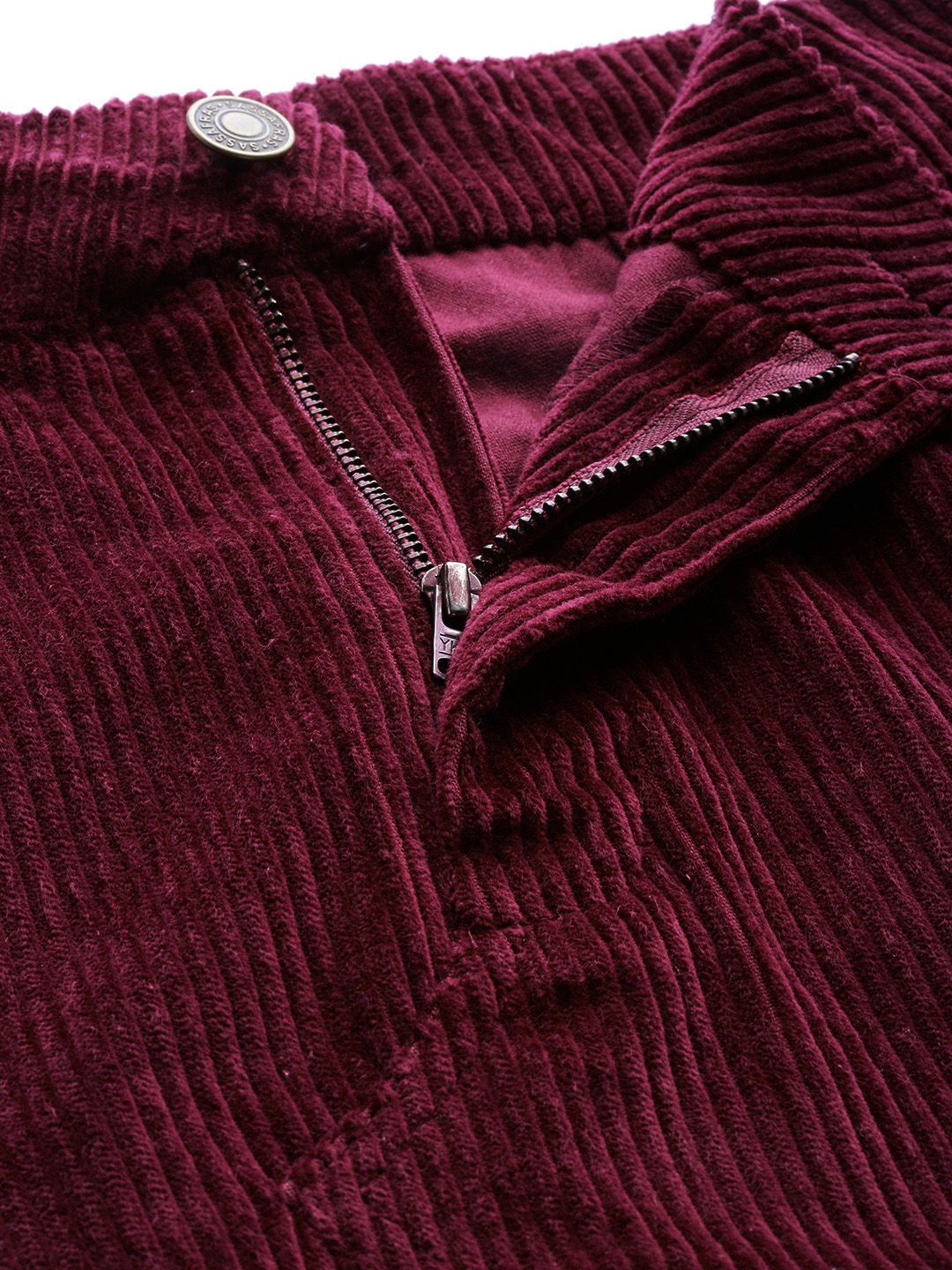 SASSAFRAS Burgundy Self-Striped Corduroy A-Line Mini Pure Cotton Skirt