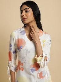 W White & Peach Floral Printed V Neck Kurta