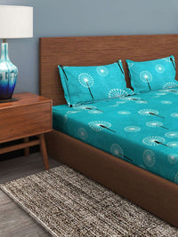 KLOTTHE Blue & White Floral 300 TC Fitted Super King Double Bedsheet with 2 Pillow Covers