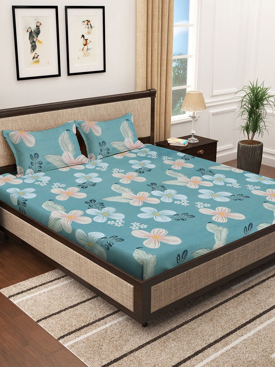 KLOTTHE Green Floral Polycotton 300 TC Fitted King Fine Bedsheet with 2 Pillow Covers-270 x 270 cm
