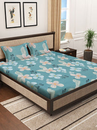 KLOTTHE Green Floral Polycotton 300 TC Fitted King Fine Bedsheet with 2 Pillow Covers-270 x 270 cm