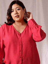 CURVY STREET Plus Size V-Neck Cuffed Sleeves Shirt Style Top