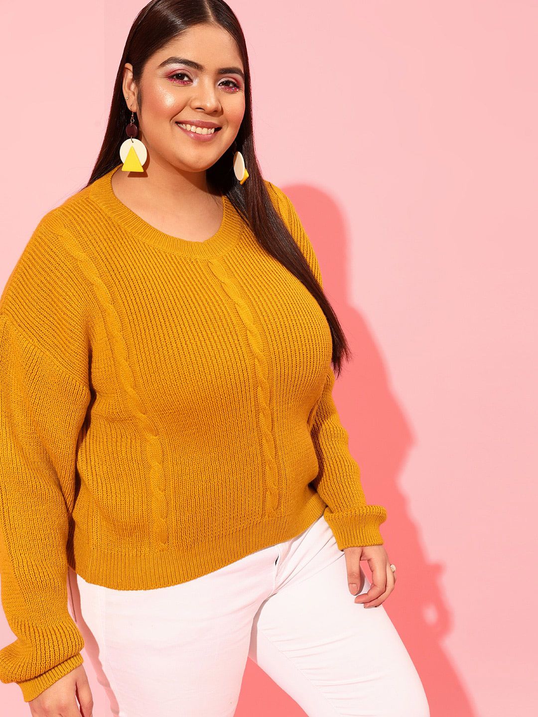 CURVY STREET Plus Size Women Mustard Cable Knit Acrylic Pullover