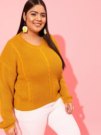 CURVY STREET Plus Size Women Mustard Cable Knit Acrylic Pullover