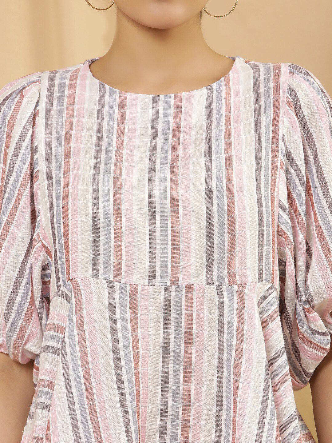 W Vertical Striped Puff Sleeves Cotton Peplum Top