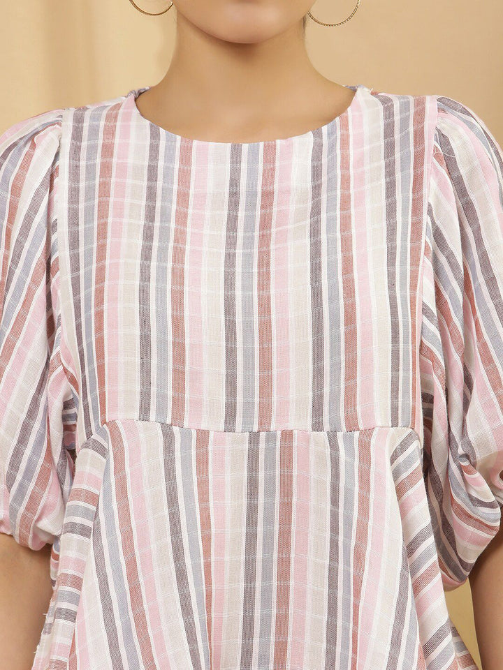 W Vertical Striped Puff Sleeves Cotton Peplum Top