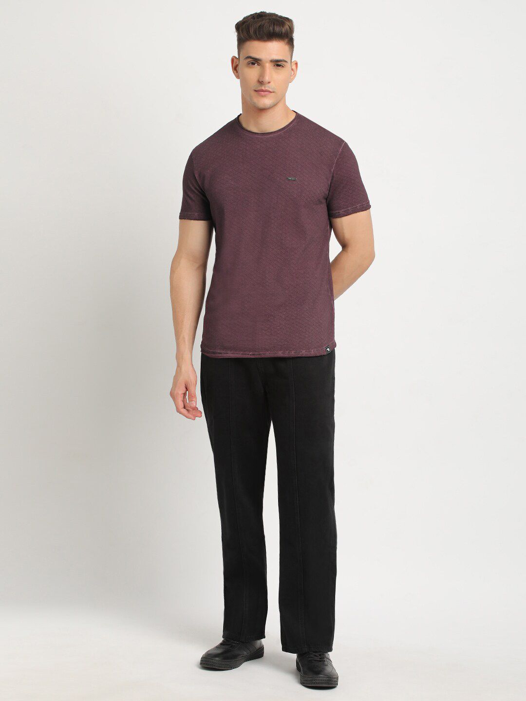 THE BEAR HOUSE Self Design Round Neck Short Sleeves Cotton T-shirt