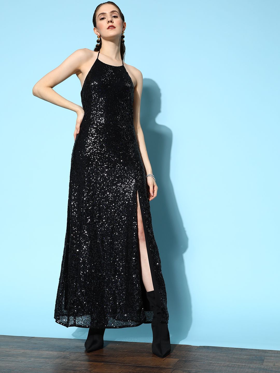 Berrylush Black Sequined Halter Neck Maxi Dress