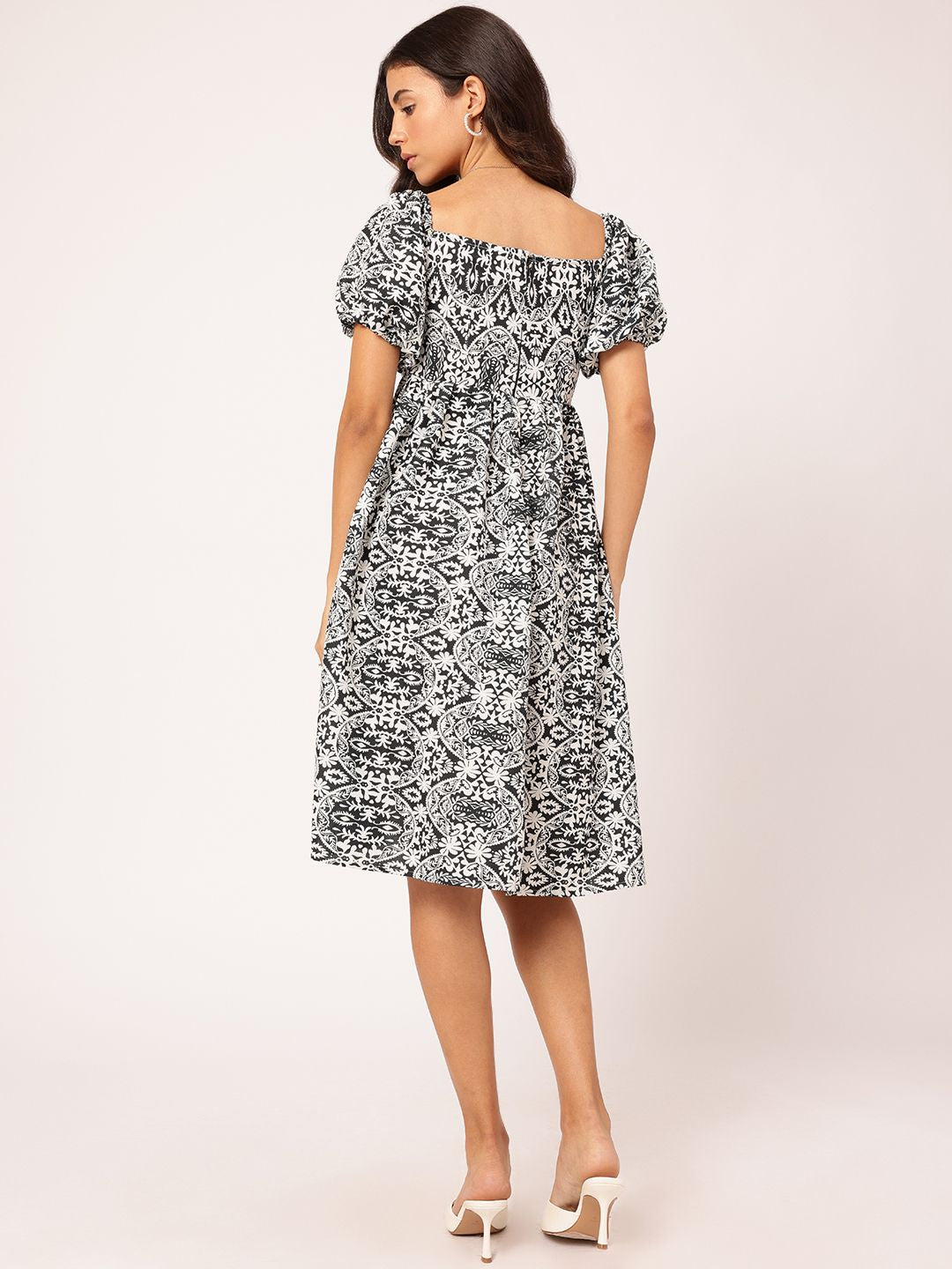 DressBerry Cultural Chic Ethnic Printed Puff Sleeve Fit & Flare Dress