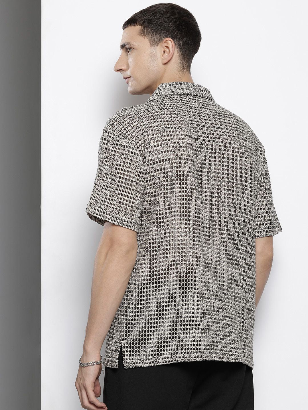 The Indian Garage Co Men Textured Open Weave Knitted Relaxed Fit Shirt