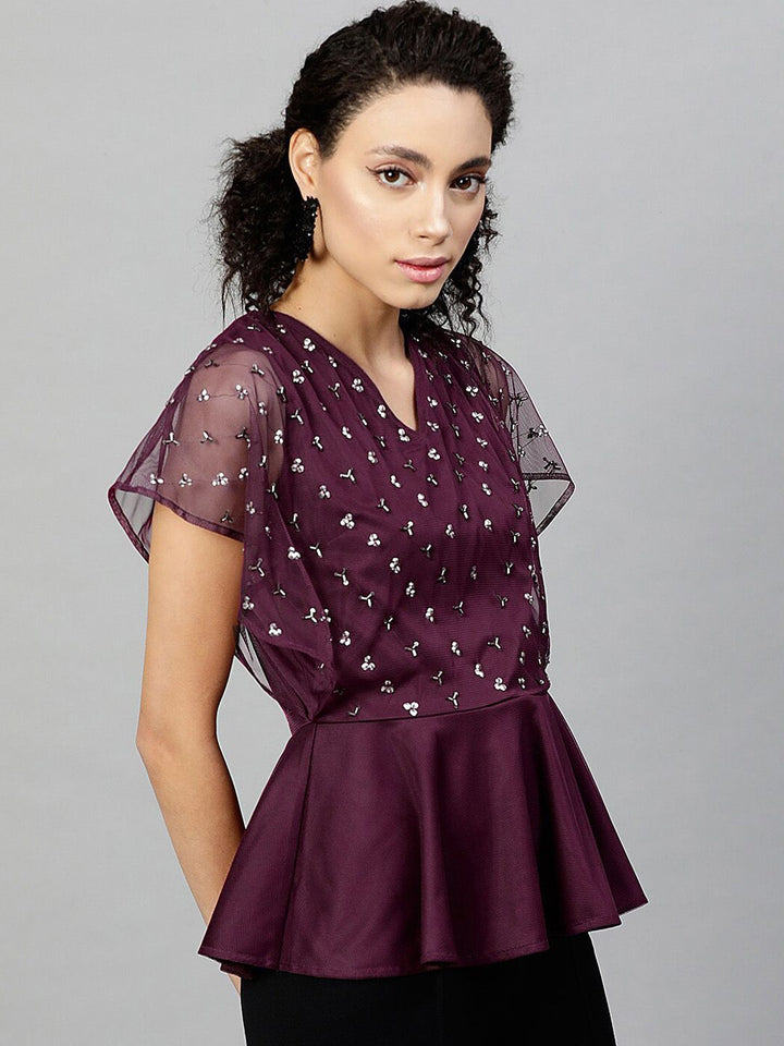 STREET 9 Burgundy Embellished Net Peplum Top