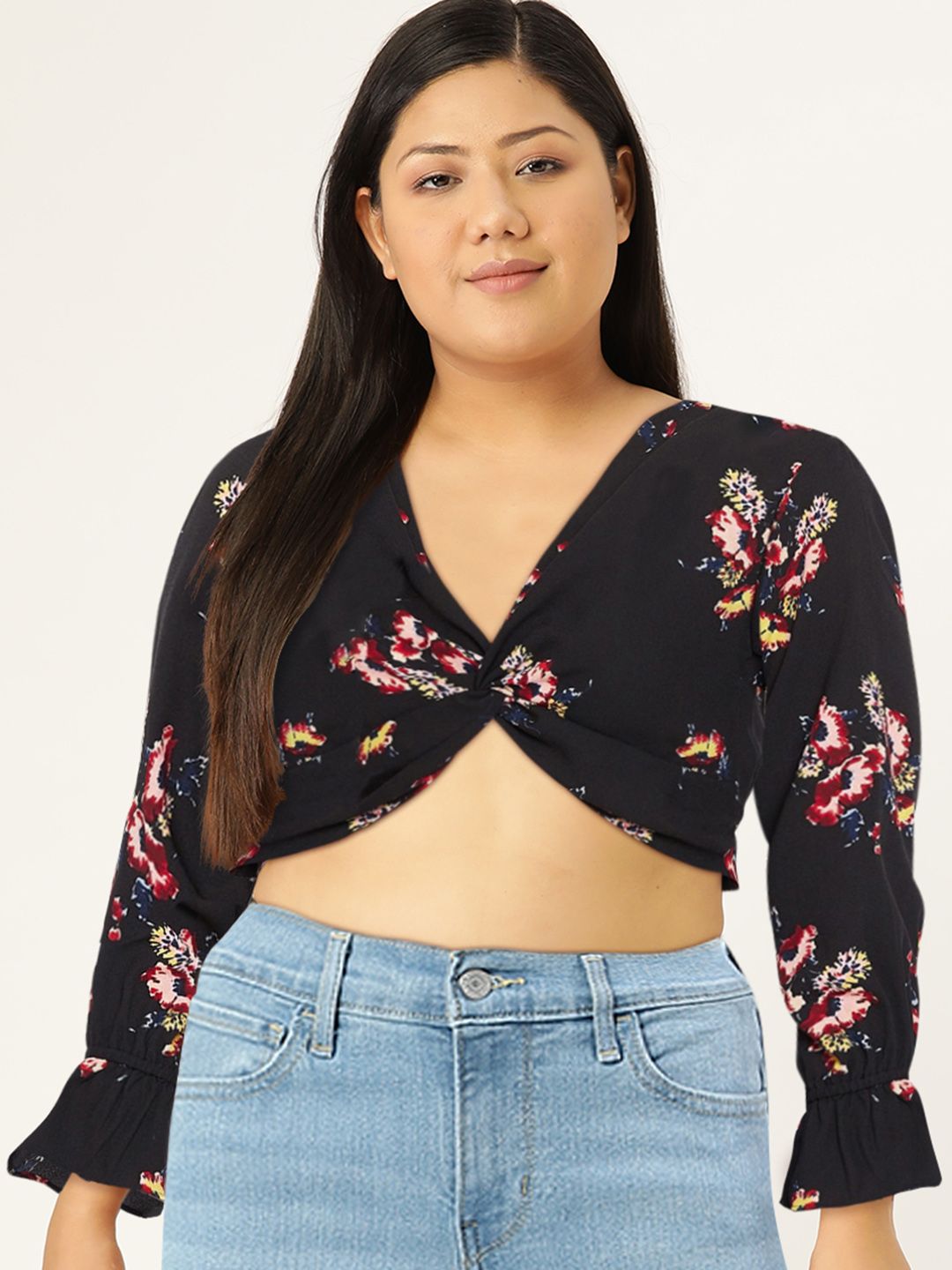 Berrylush Black & Red Floral Bishop Sleeves Crepe Wrap Crop Top