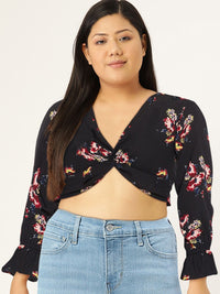 Berrylush Black & Red Floral Bishop Sleeves Crepe Wrap Crop Top