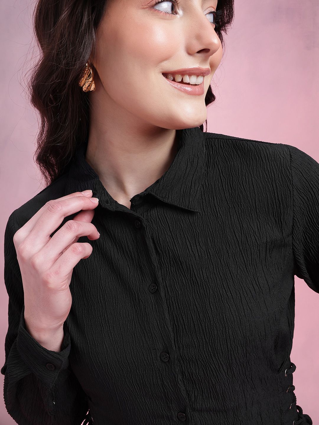 DressBerry Women Lace Ups Crinkled Shirt