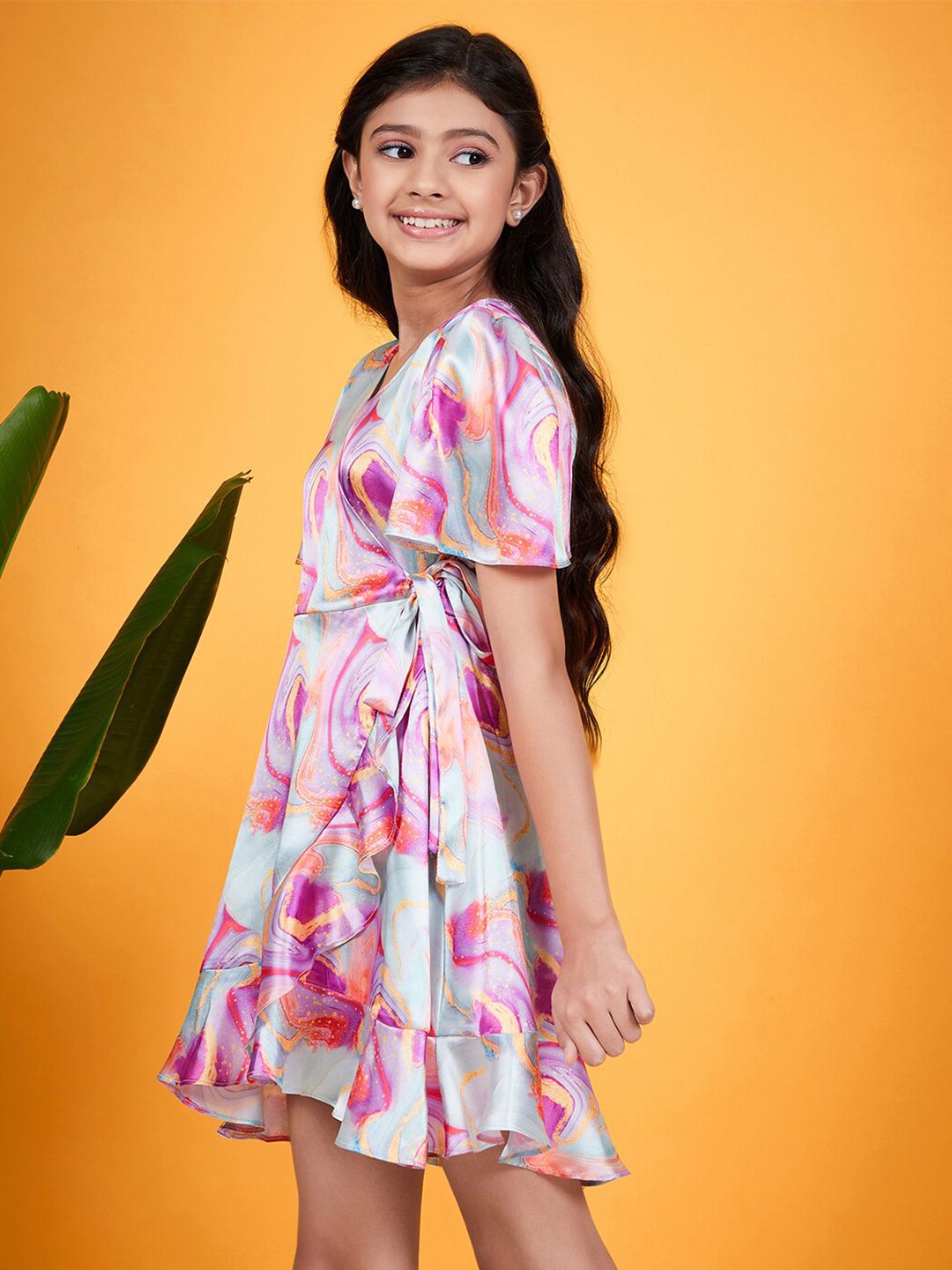 pspeaches Girls Abstract Printed V-Neck Flared Sleeves Tie-Up Satin Fit & Flare Dress