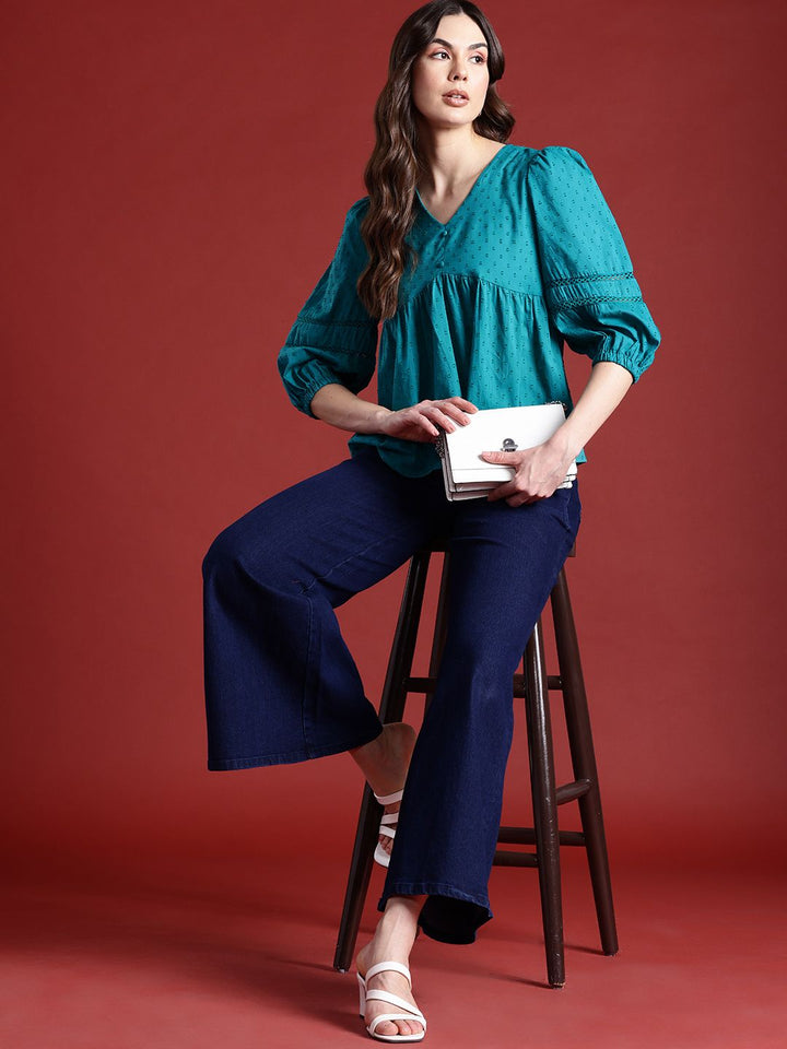 all about you Lace Detailed Puff Sleeves Pure Cotton A-Line Top