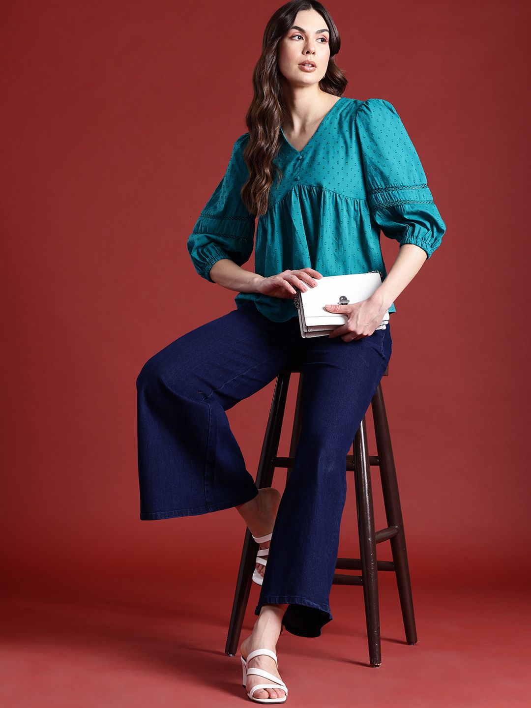 all about you Lace Detailed Puff Sleeves Pure Cotton A-Line Top