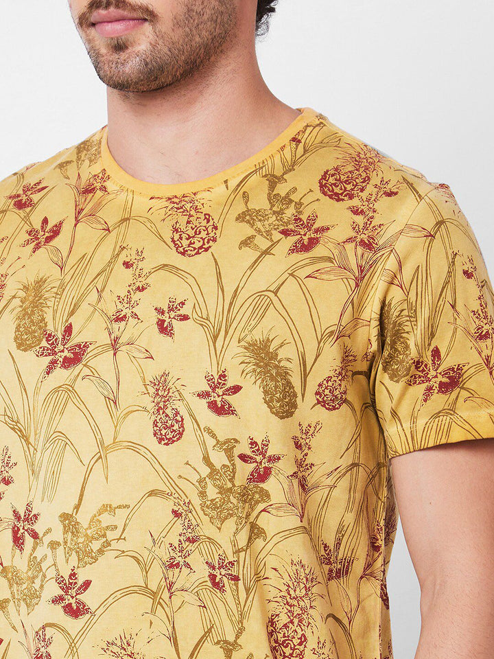 SPYKAR Floral Printed Pockets Round Neck Pure Cotton Slim Fit T-shirt