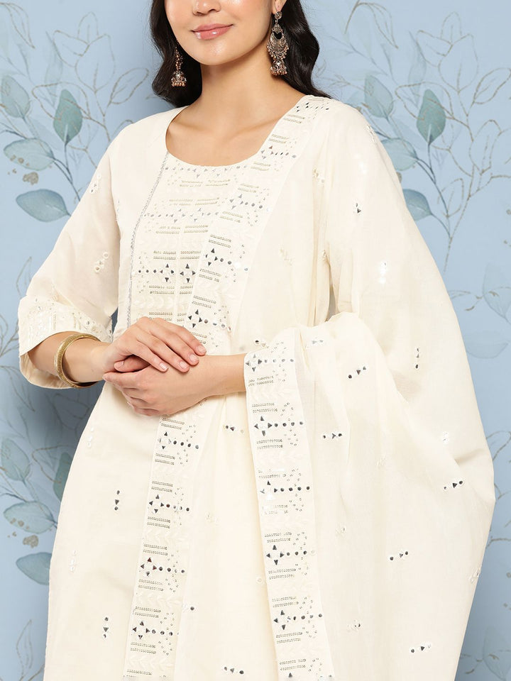 Libas Women Embroidered Mirror Work Pure Cotton Kurta With Palazzos & With Dupatta