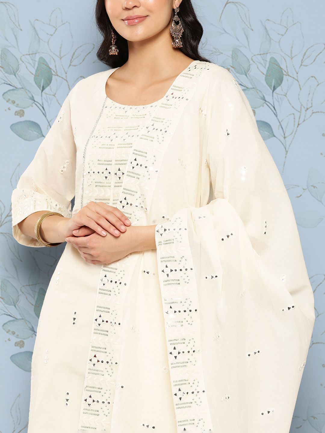 Libas Women Embroidered Mirror Work Pure Cotton Kurta With Palazzos & With Dupatta