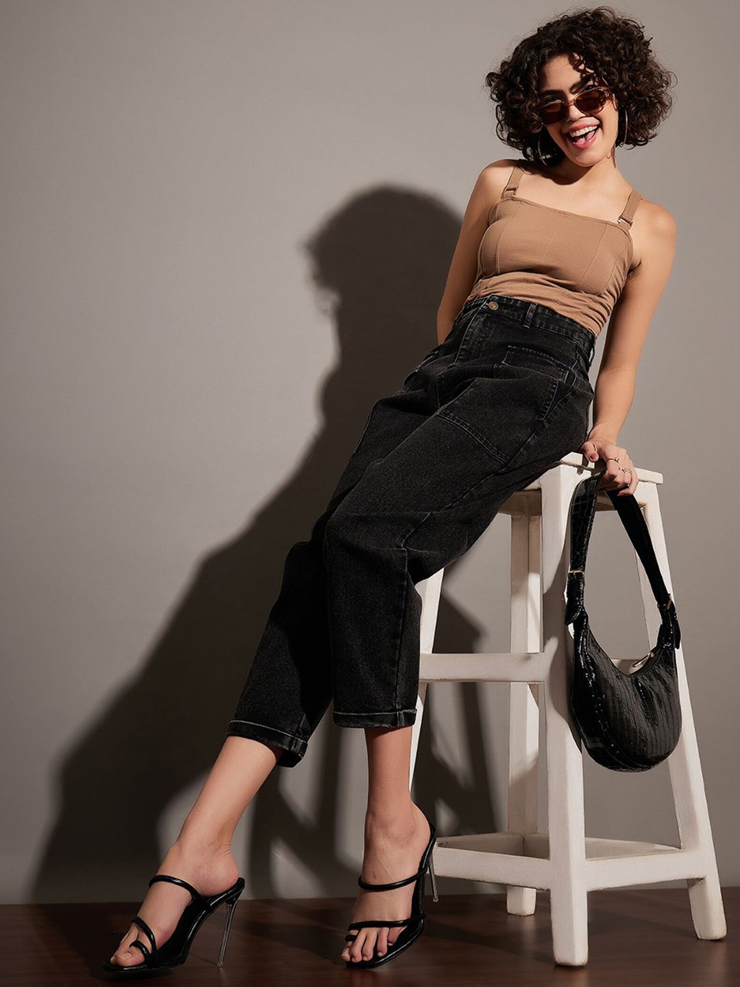 SASSAFRAS Black High-Rise Acid Wash Cropped Clean Look Stretchable Jeans