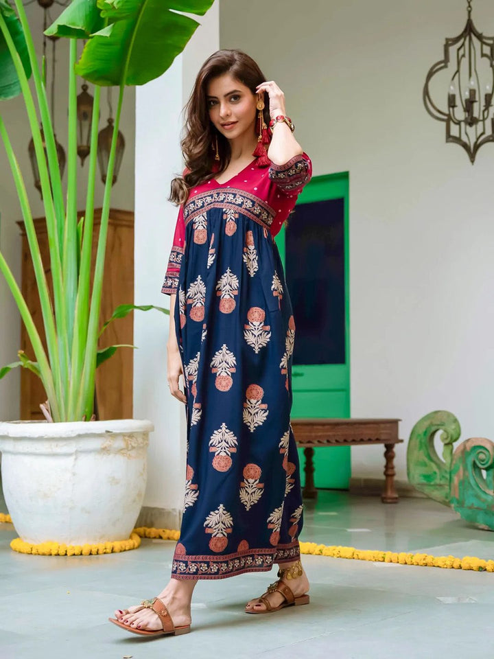 Rustorange Red & Navy Blue Ethnic Motifs Printed Maxi Dress