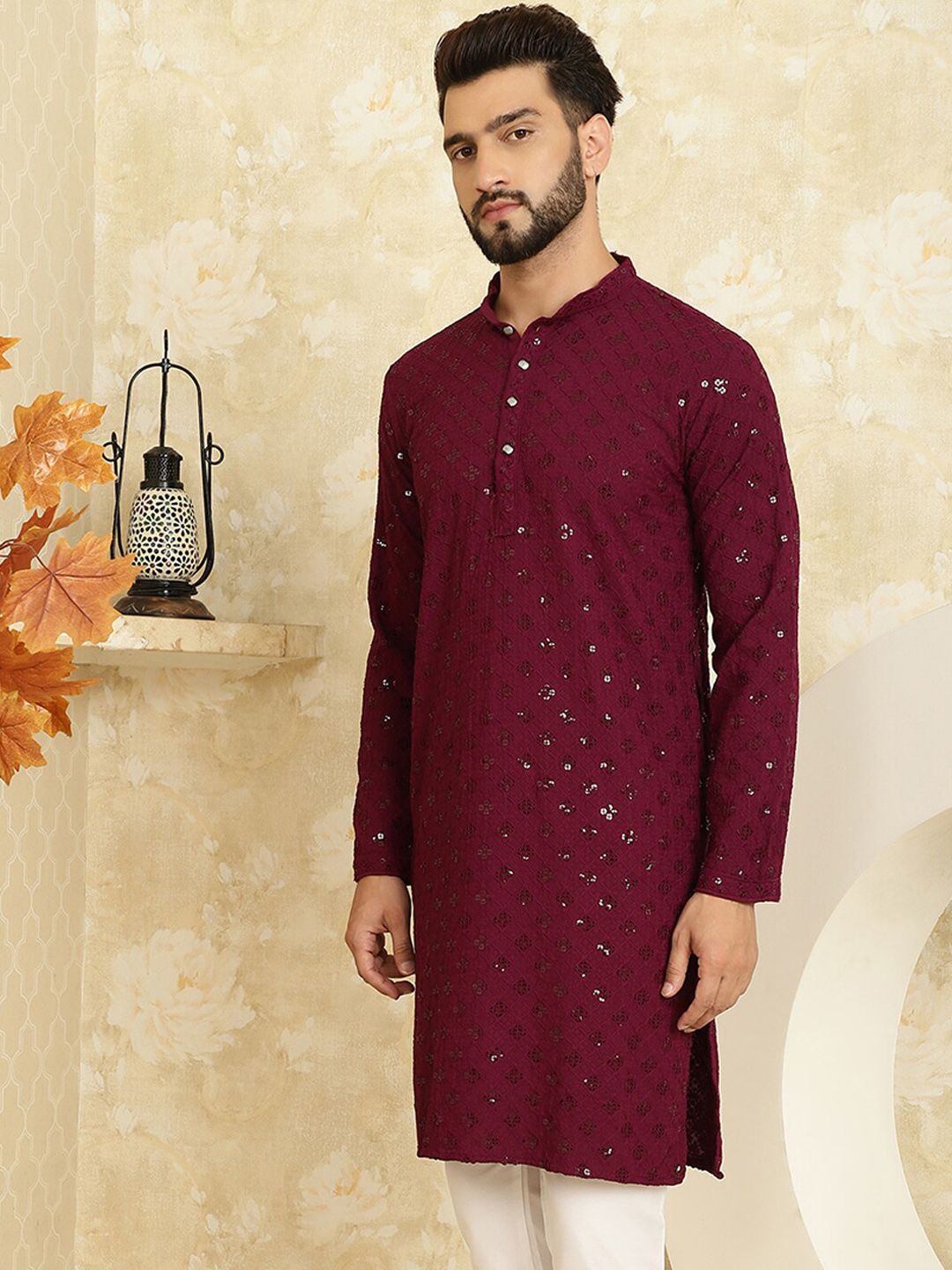 SOJANYA Dihiasi Kolar Mandarin Kurta Kapas Tulen Lurus