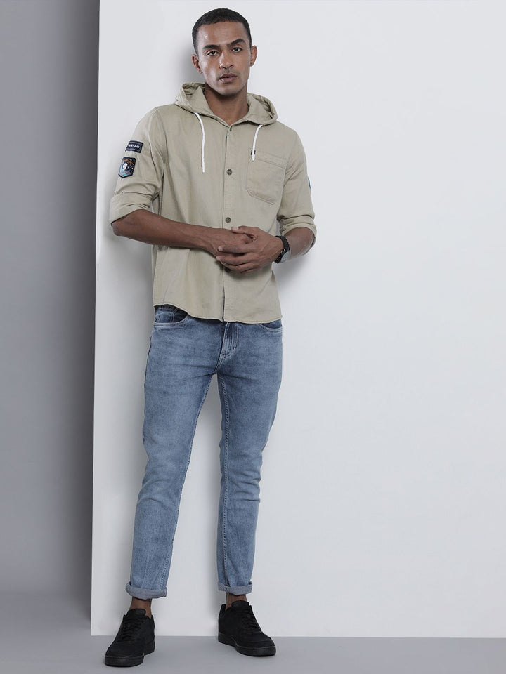 The Indian Garage Co Men Khaki Solid Hooded Slim Fit Casual Shirt