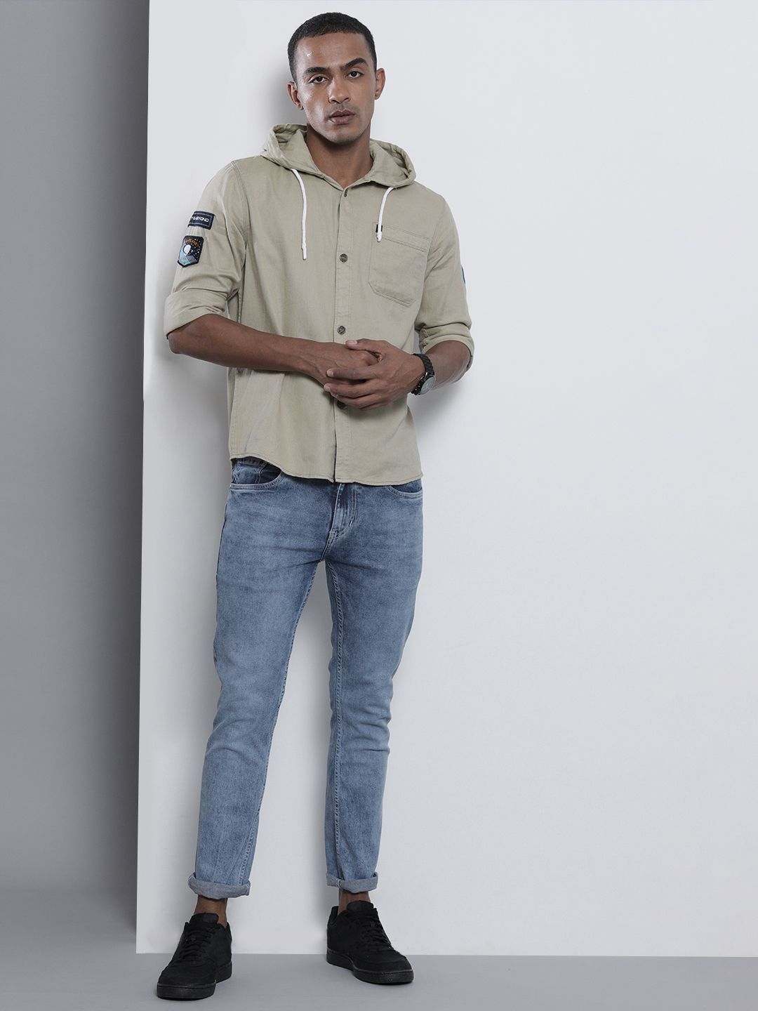 The Indian Garage Co Men Khaki Solid Hooded Slim Fit Casual Shirt