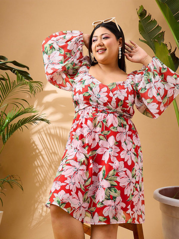 SASSAFRAS Curve Plus Size Floral Printed Fit & Flare Dress