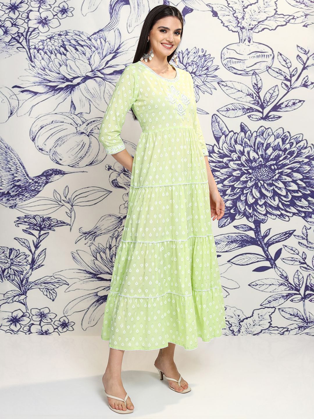 Vishudh Green Embroidered Cotton Tiered A-Line Midi Ethnic Dress With Shrug