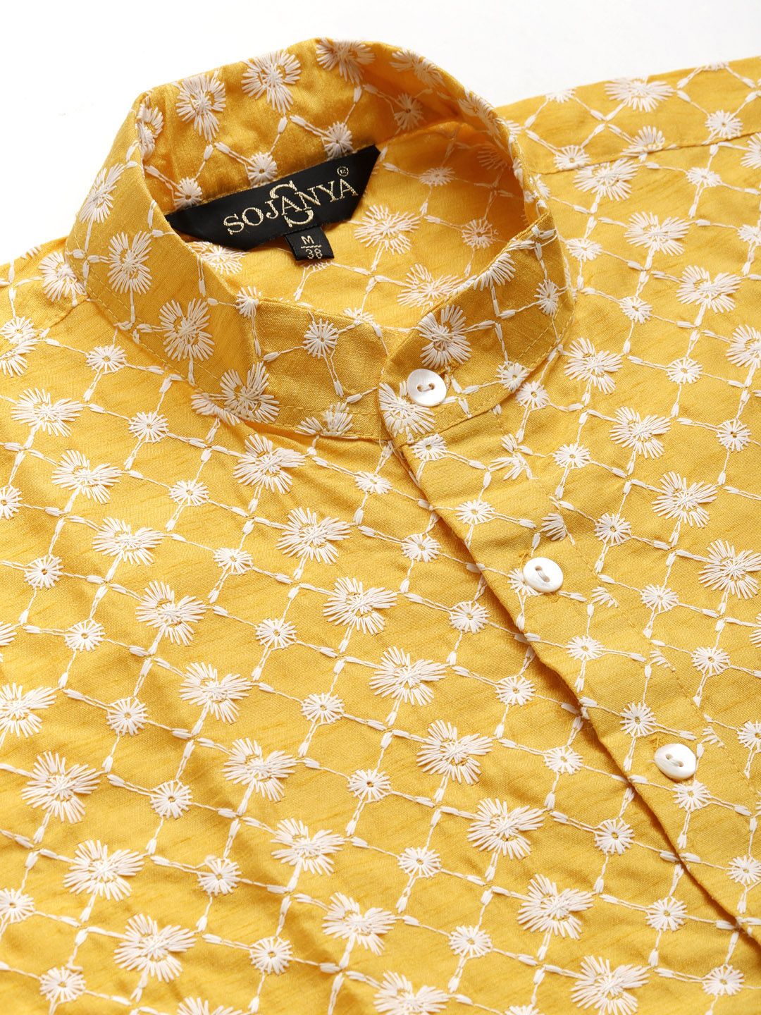 SOJANYA Kurta Kerja Benang Sulam Kuning & Putih Lelaki dengan Jaket Churidar & Nehru