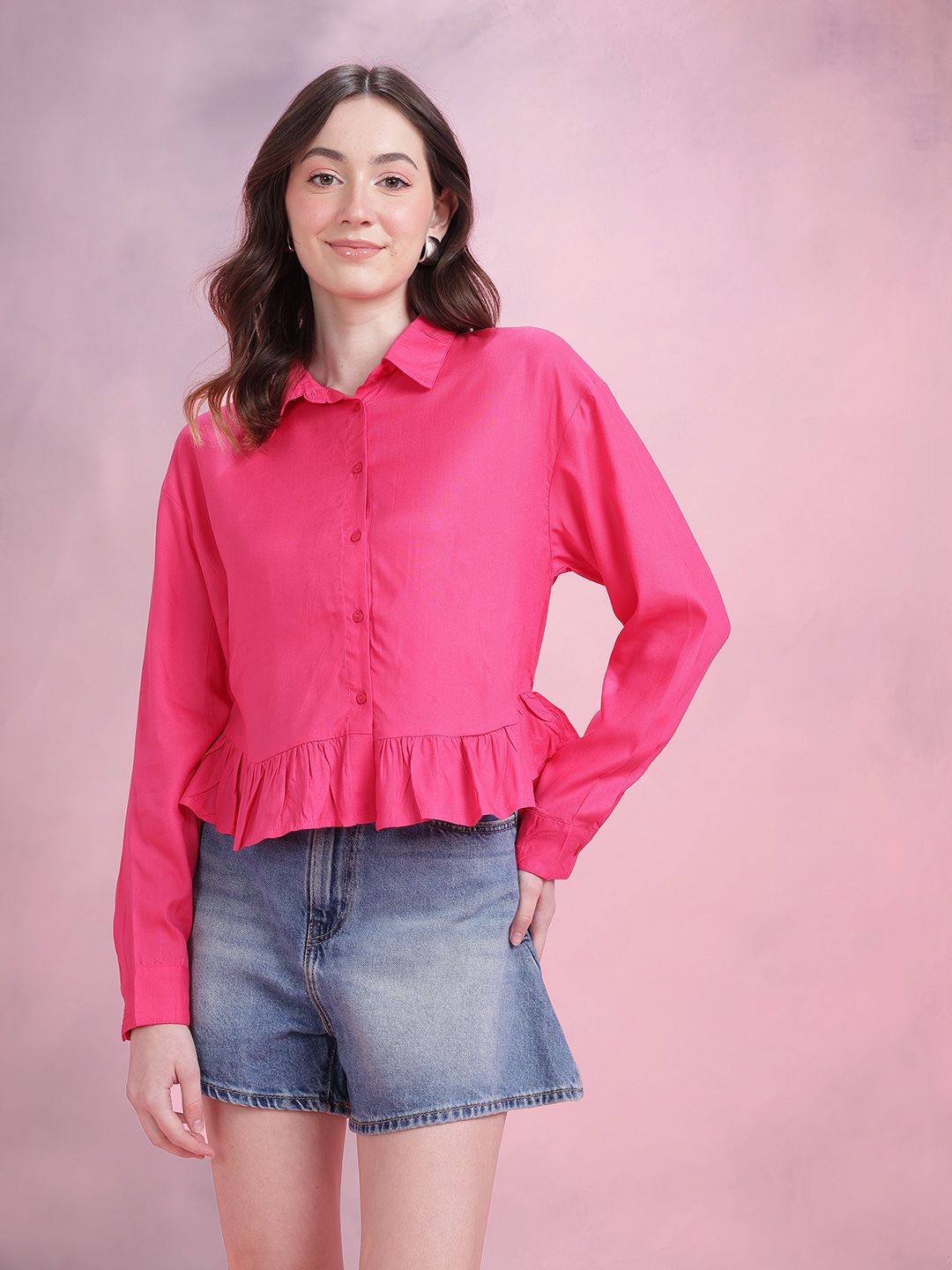 DressBerry Women Ruffled Spread Collar Casual Crop Shirt
