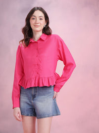 DressBerry Women Ruffled Spread Collar Casual Crop Shirt