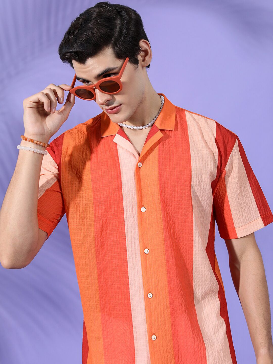 The Indian Garage Co Men Relaxed Fit Striped Textured Resortwear Shirt